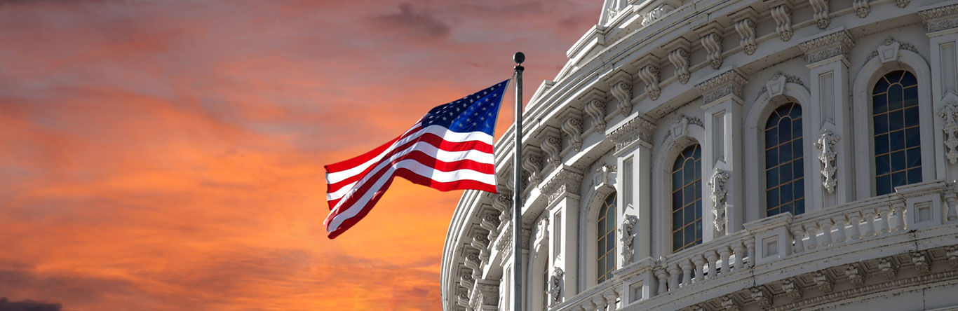 American flag in front of government building early morning